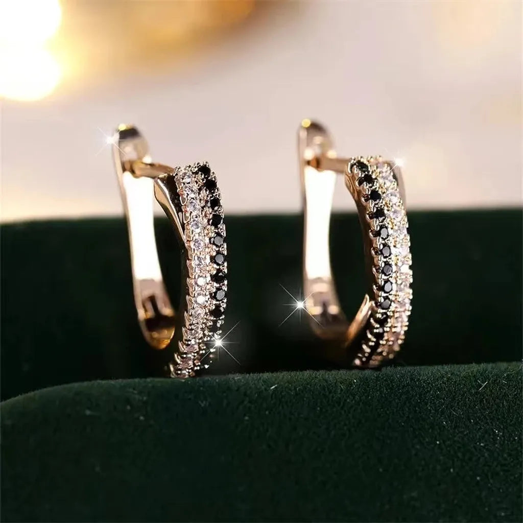 Trendy Crystal Black & White Hoop Earrings-ReesJewels-ReesJewels