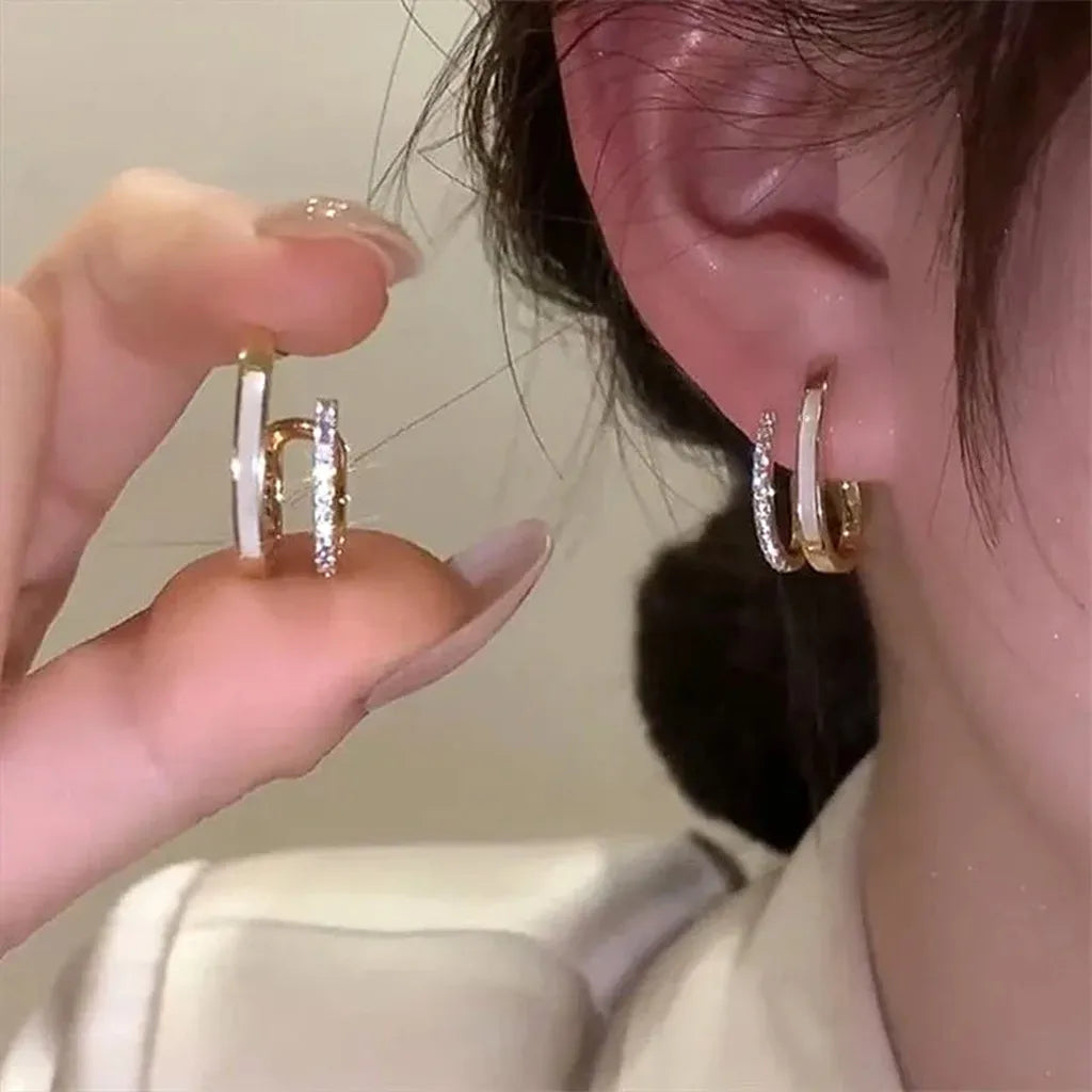 Trendy Double Layered Earrings-ReesJewels-Crystal & White-ReesJewels