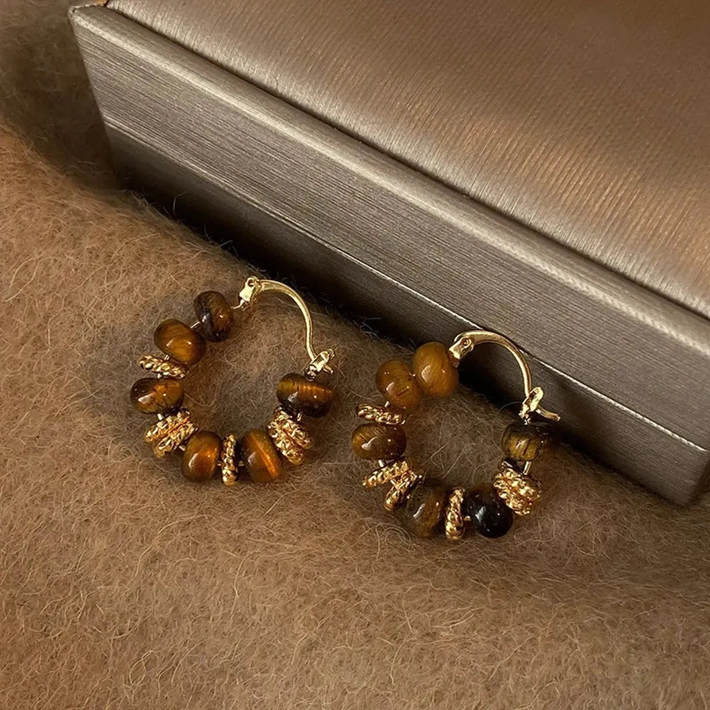 Vintage Coffee Tigers Eye Hoop Earrings-ReesJewels-Style 1-ReesJewels