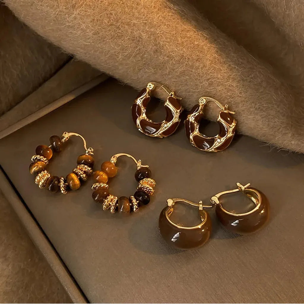 Vintage Coffee Tigers Eye Hoop Earrings-ReesJewels-ReesJewels