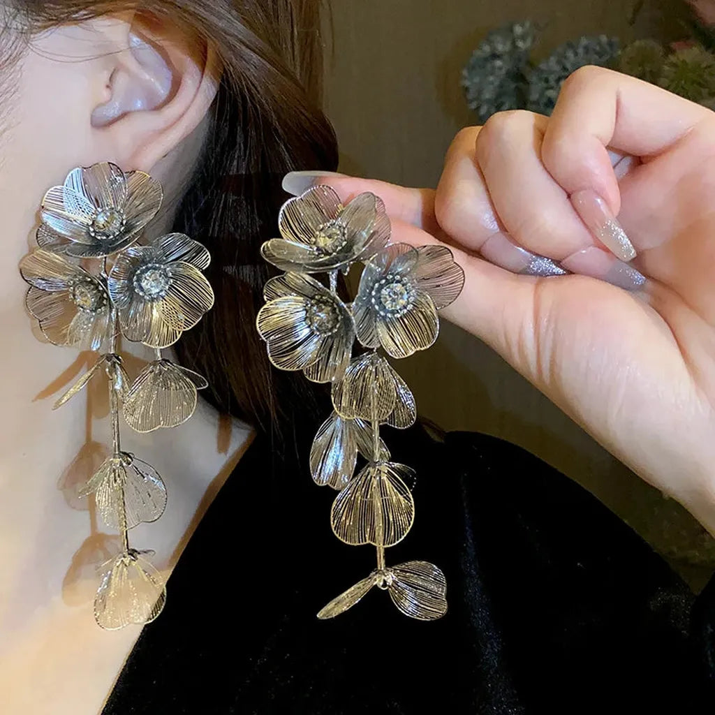 Vintage Golden Flower Crystal Drop Earrings-ReesJewels-ReesJewels