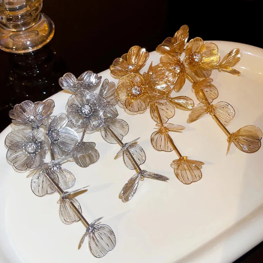 Vintage Golden Flower Crystal Drop Earrings-ReesJewels-ReesJewels