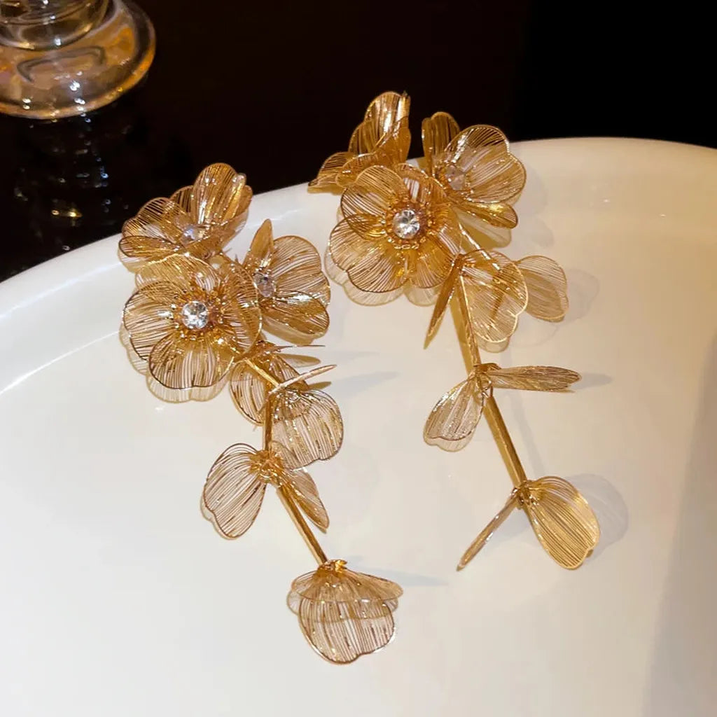 Vintage Golden Flower Crystal Drop Earrings-ReesJewels-Gold-ReesJewels