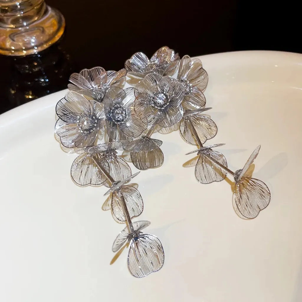 Vintage Golden Flower Crystal Drop Earrings-ReesJewels-Silver-ReesJewels