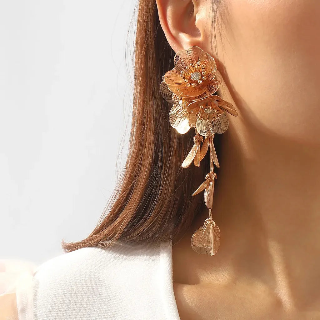 Vintage Golden Flower Crystal Drop Earrings-ReesJewels-ReesJewels