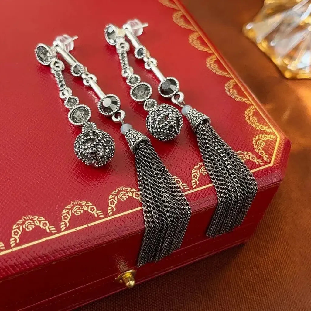 Antique Silver Rhinestone Tassel Stylish Earrings