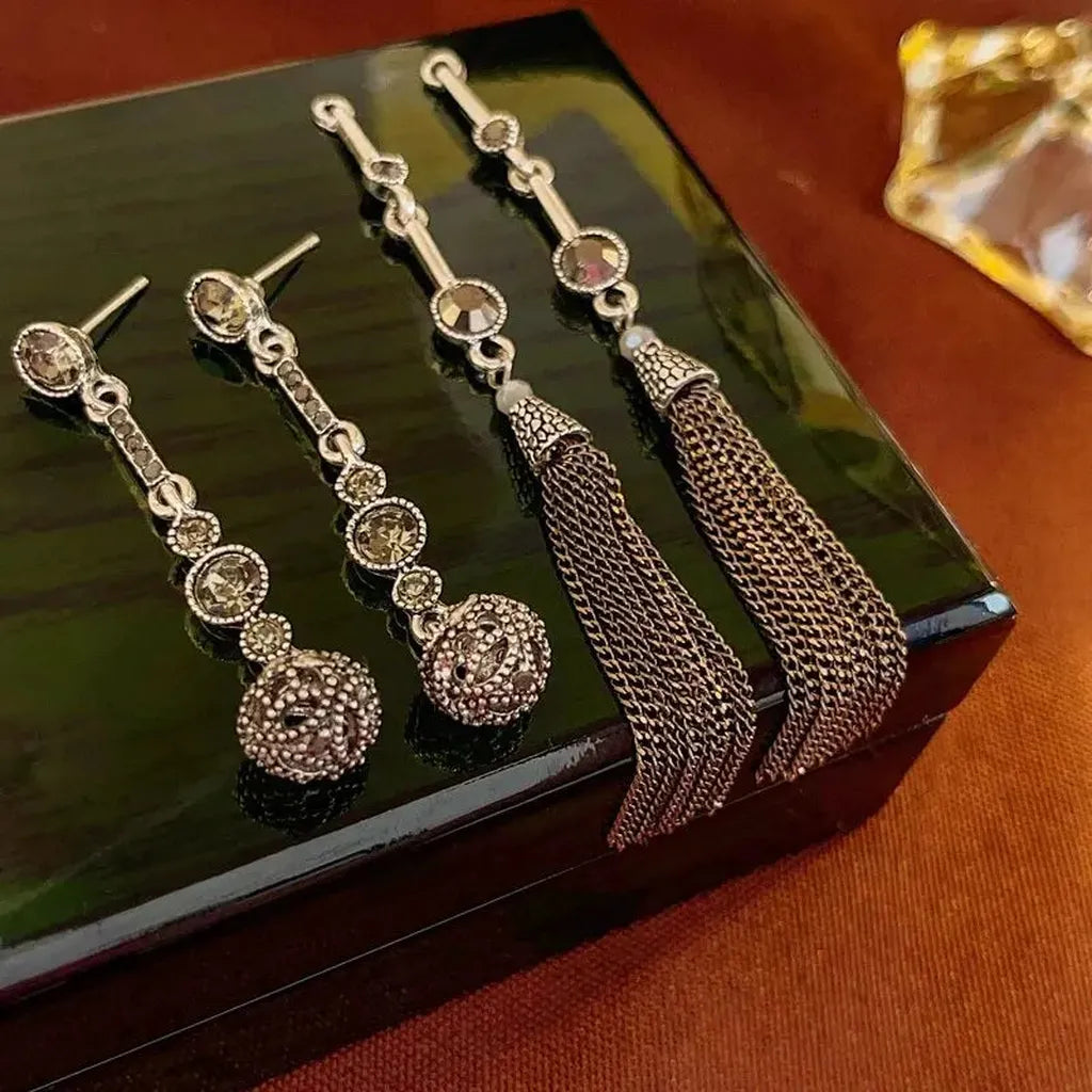 Antique Silver Rhinestone Tassel Stylish Earrings-ReesJewels-ReesJewels