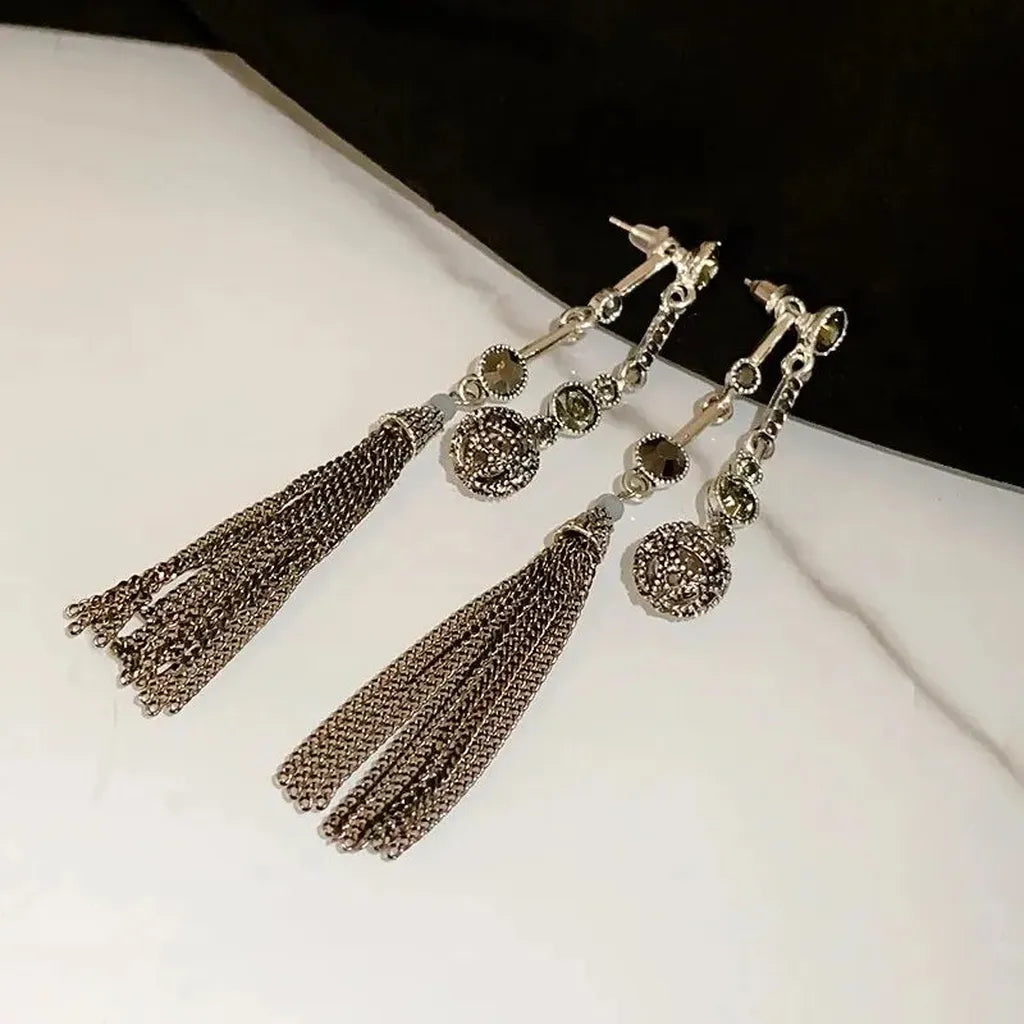 Antique Silver Rhinestone Tassel Stylish Earrings-ReesJewels-ReesJewels