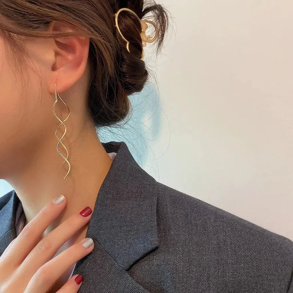 Beautiful Minimalist Spiral Wave Long Earrings-ReesJewels-ReesJewels