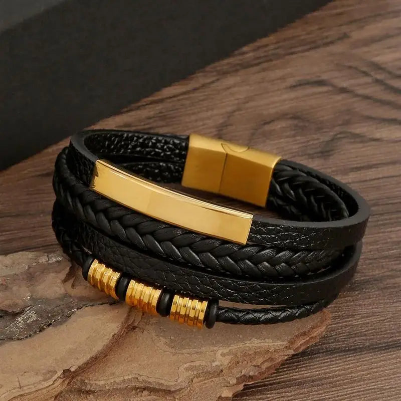 Classic Handwoven Layered Leather Bracelet for Men with Magnetic Clasp-Rees Jewels-ReesJewels
