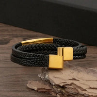 Classic Handwoven Layered Leather Bracelet for Men with Magnetic Clasp-Rees Jewels-ReesJewels