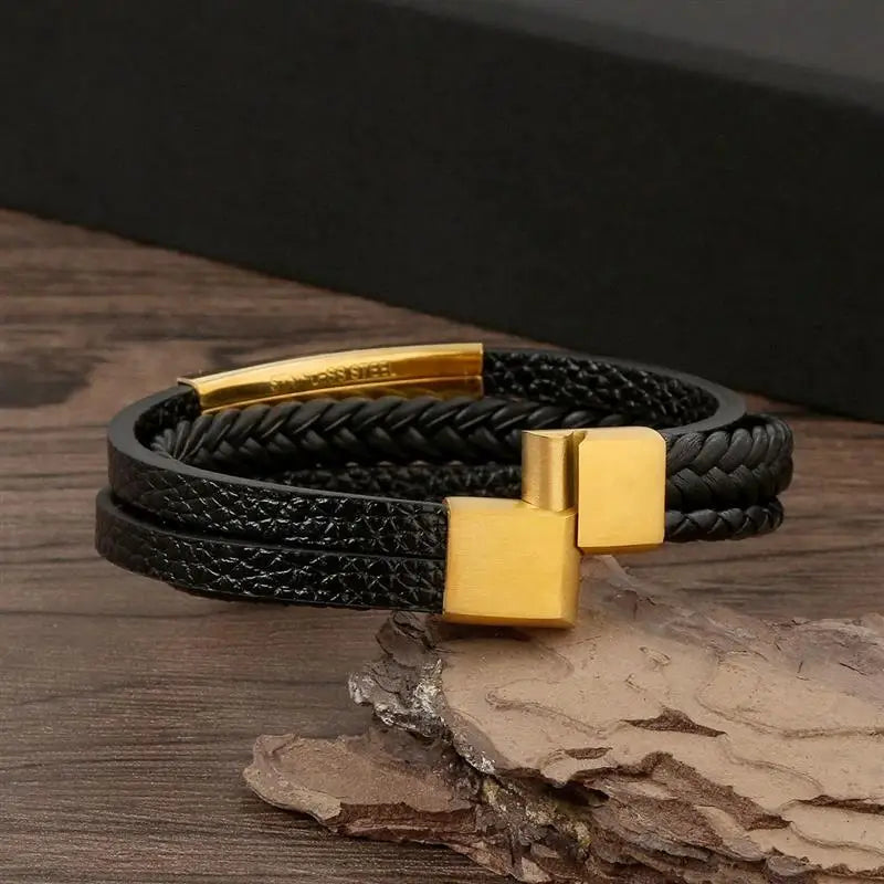 Classic Handwoven Layered Leather Bracelet for Men with Magnetic Clasp-Rees Jewels-ReesJewels