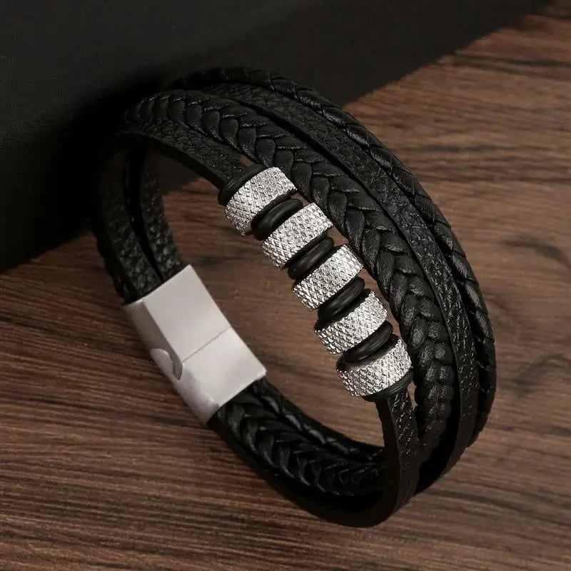 Classic Handwoven Layered Leather Bracelet for Men with Magnetic Clasp-Rees Jewels-B1-19cm-ReesJewels