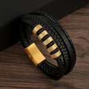 Classic Handwoven Layered Leather Bracelet for Men with Magnetic Clasp-Rees Jewels-B3-19cm-ReesJewels