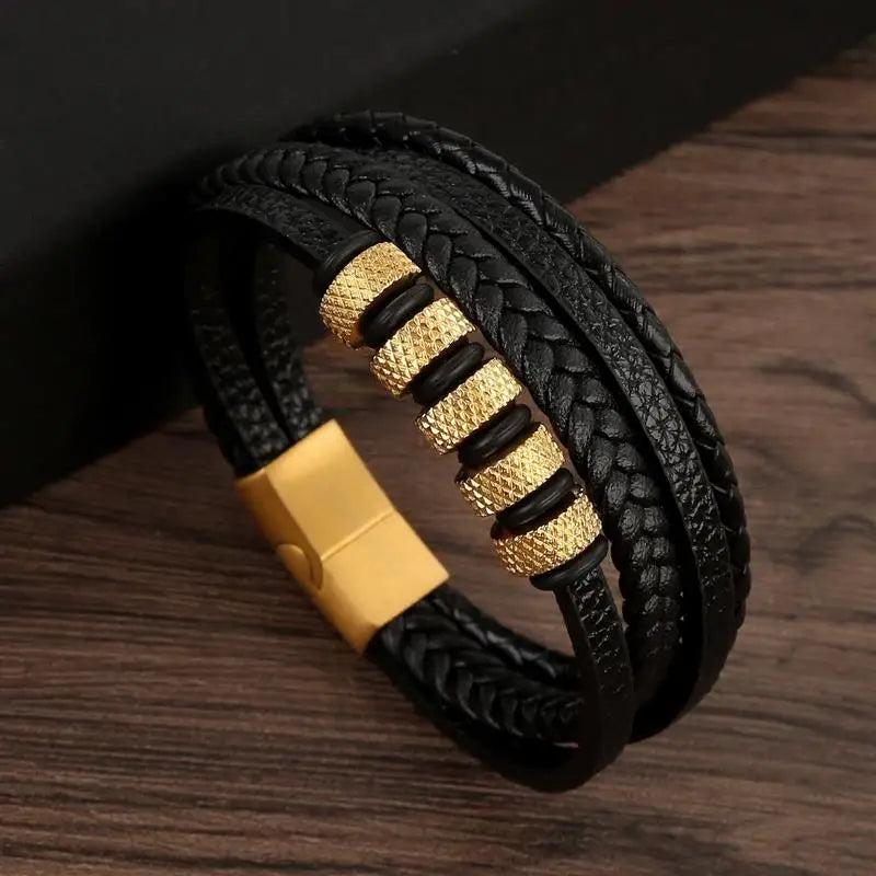 Classic Handwoven Layered Leather Bracelet for Men with Magnetic Clasp-Rees Jewels-B3-19cm-ReesJewels