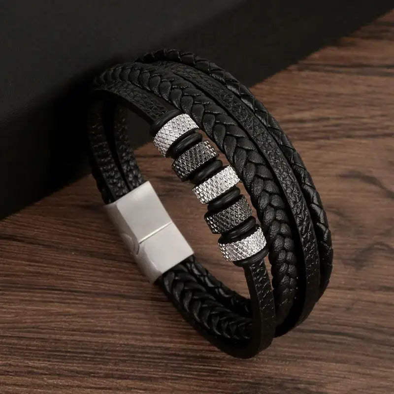 Classic Handwoven Layered Leather Bracelet for Men with Magnetic Clasp-Rees Jewels-B4-19cm-ReesJewels