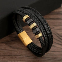 Classic Handwoven Layered Leather Bracelet for Men with Magnetic Clasp-Rees Jewels-B5-19cm-ReesJewels