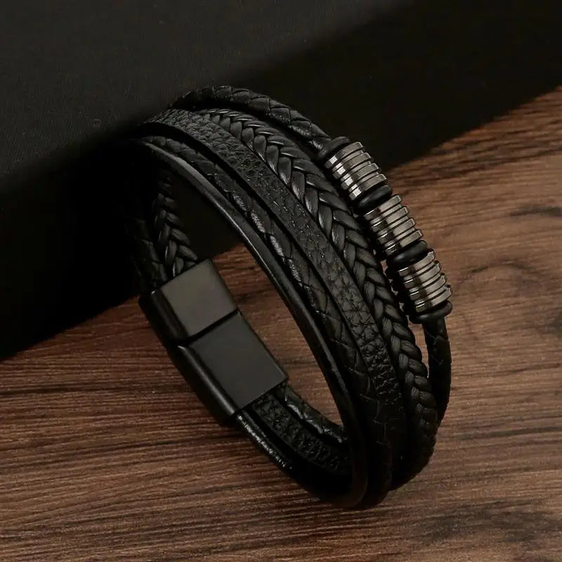 Classic Handwoven Layered Leather Bracelet for Men with Magnetic Clasp-Rees Jewels-C2-19cm-ReesJewels