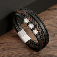 Classic Handwoven Layered Leather Bracelet for Men with Magnetic Clasp-Rees Jewels-D1-19cm-ReesJewels