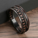 Classic Handwoven Layered Leather Bracelet for Men with Magnetic Clasp-Rees Jewels-E2-19cm-ReesJewels