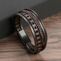 Classic Handwoven Layered Leather Bracelet for Men with Magnetic Clasp-Rees Jewels-E2-19cm-ReesJewels