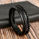 Classic Handwoven Layered Leather Bracelet for Men with Magnetic Clasp-Rees Jewels-F1-19cm-ReesJewels
