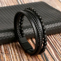 Classic Handwoven Layered Leather Bracelet for Men with Magnetic Clasp-Rees Jewels-F1-19cm-ReesJewels