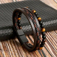 Classic Handwoven Layered Leather Bracelet for Men with Magnetic Clasp-Rees Jewels-F2-19cm-ReesJewels