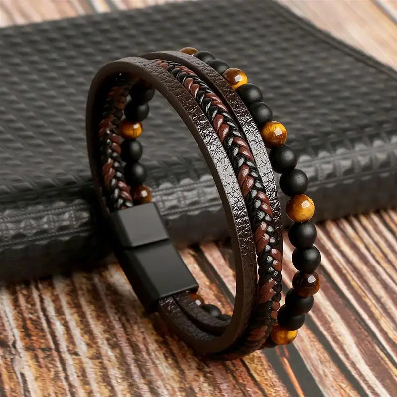 Classic Handwoven Layered Leather Bracelet for Men with Magnetic Clasp-Rees Jewels-F2-19cm-ReesJewels