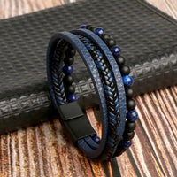 Classic Handwoven Layered Leather Bracelet for Men with Magnetic Clasp-Rees Jewels-F3-19cm-ReesJewels