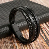 Classic Handwoven Layered Leather Bracelet for Men with Magnetic Clasp-Rees Jewels-G2-19cm-ReesJewels