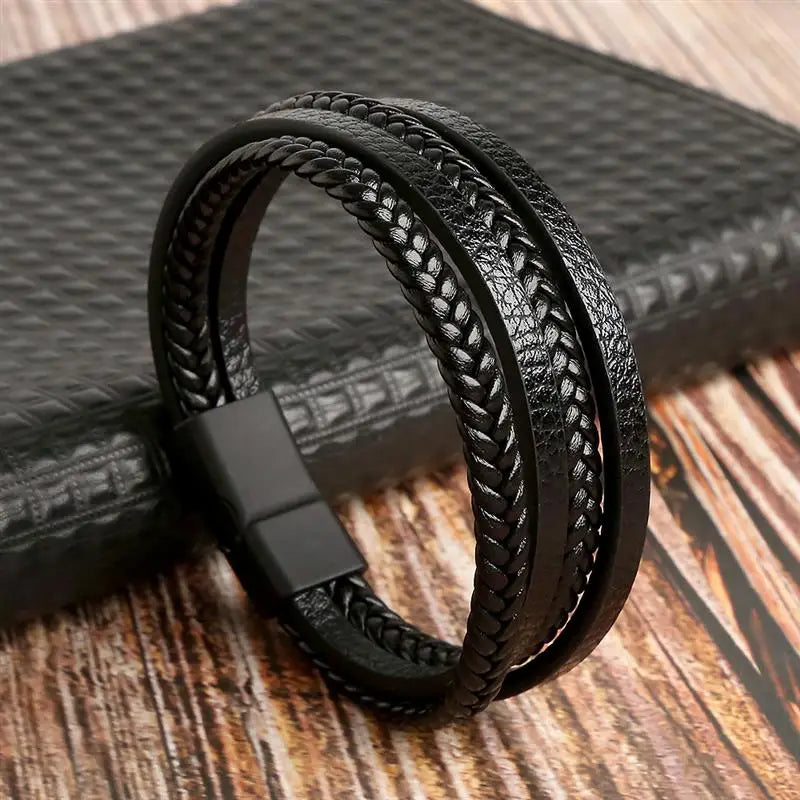 Classic Handwoven Layered Leather Bracelet for Men with Magnetic Clasp-Rees Jewels-G2-19cm-ReesJewels