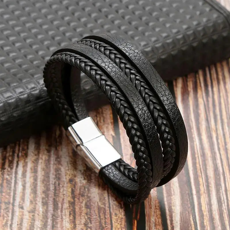 Classic Handwoven Layered Leather Bracelet for Men with Magnetic Clasp-Rees Jewels-G3-19cm-ReesJewels