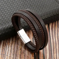 Classic Handwoven Layered Leather Bracelet for Men with Magnetic Clasp-Rees Jewels-G4-19cm-ReesJewels