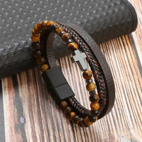 Classic Handwoven Layered Leather Bracelet for Men with Magnetic Clasp-Rees Jewels-H1-19cm-ReesJewels