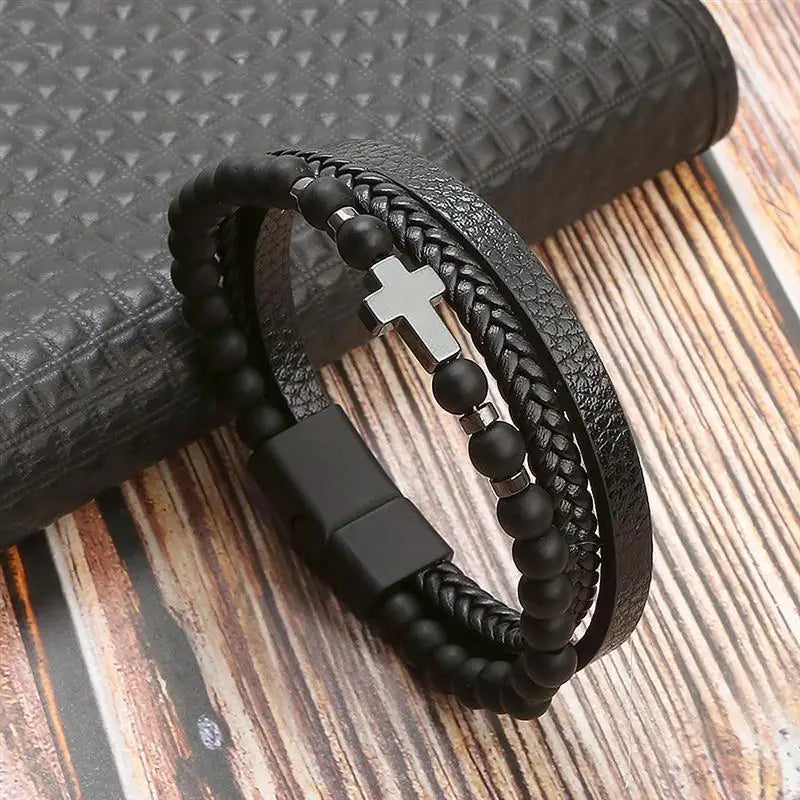Classic Handwoven Layered Leather Bracelet for Men with Magnetic Clasp-Rees Jewels-H2-19cm-ReesJewels