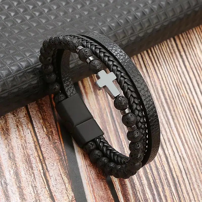 Classic Handwoven Layered Leather Bracelet for Men with Magnetic Clasp-Rees Jewels-H3-19cm-ReesJewels