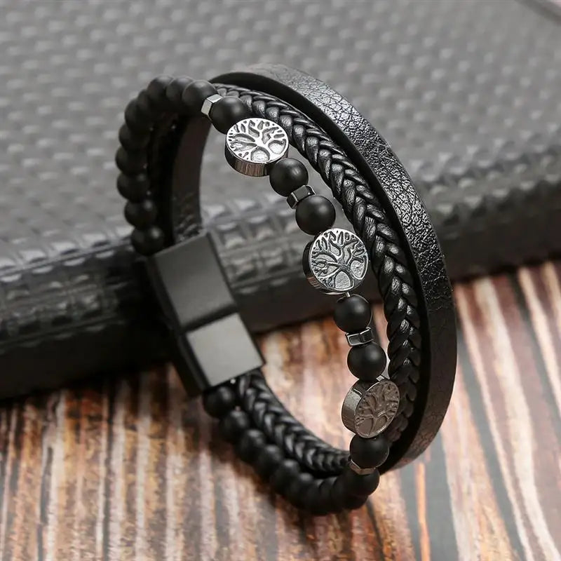 Classic Handwoven Layered Leather Bracelet for Men with Magnetic Clasp-Rees Jewels-I2-19cm-ReesJewels