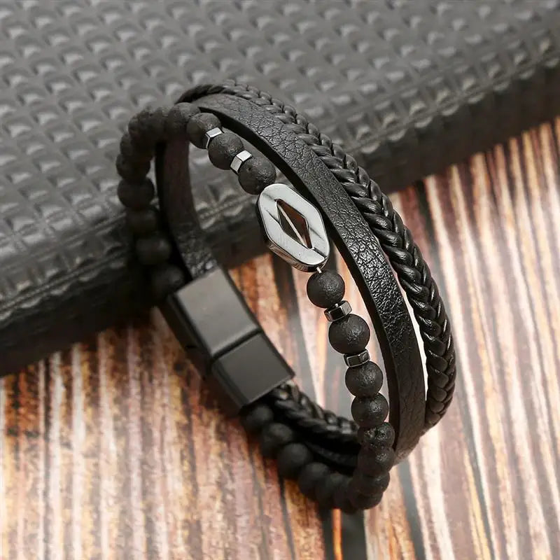 Classic Handwoven Layered Leather Bracelet for Men with Magnetic Clasp-Rees Jewels-J3-19cm-ReesJewels