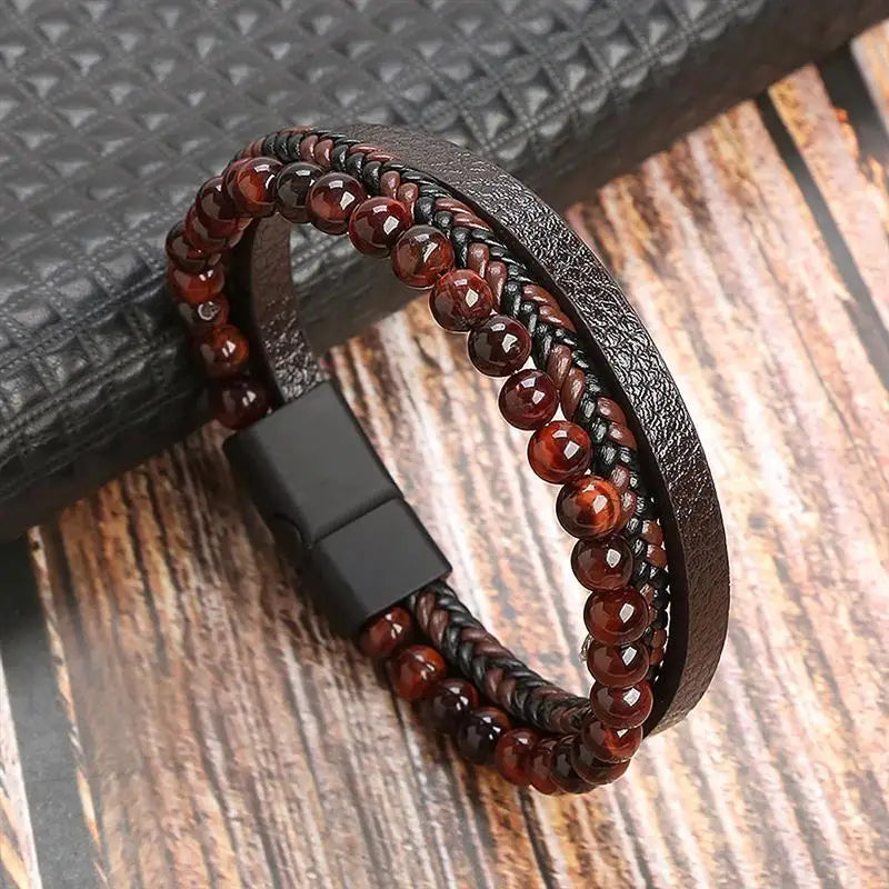 Classic Handwoven Layered Leather Bracelet for Men with Magnetic Clasp-Rees Jewels-K1-19cm-ReesJewels