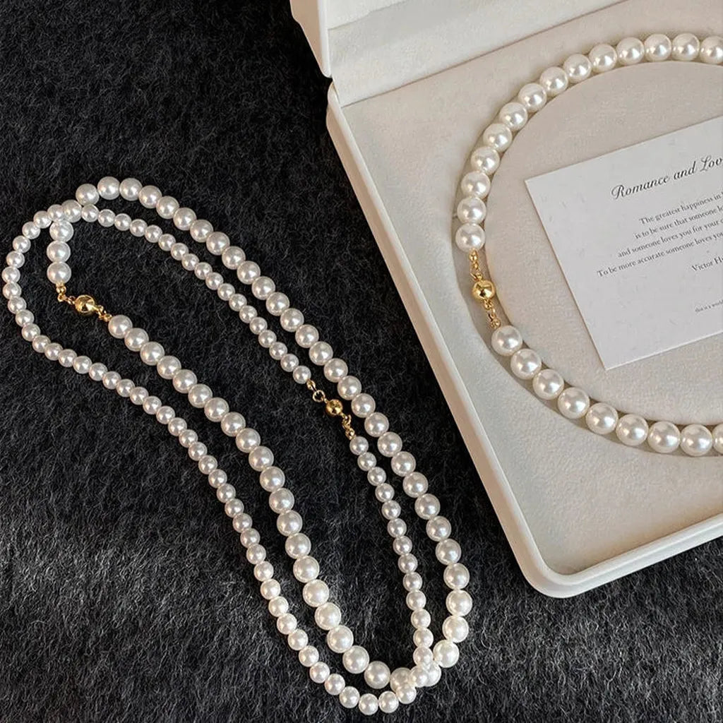 Classy White Imitation Pearl Round Beaded Chain Necklace-My Store-ReesJewels