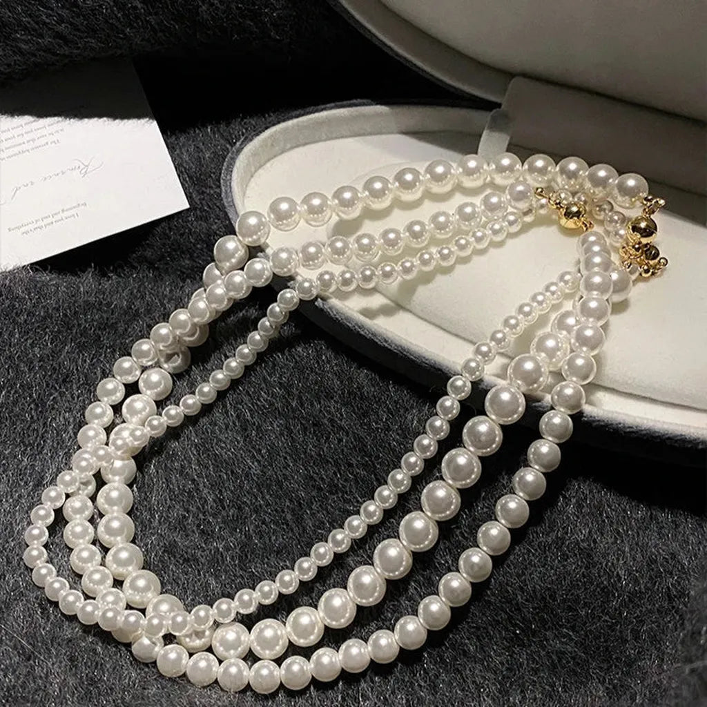 Classy White Imitation Pearl Round Beaded Chain Necklace-My Store-ReesJewels