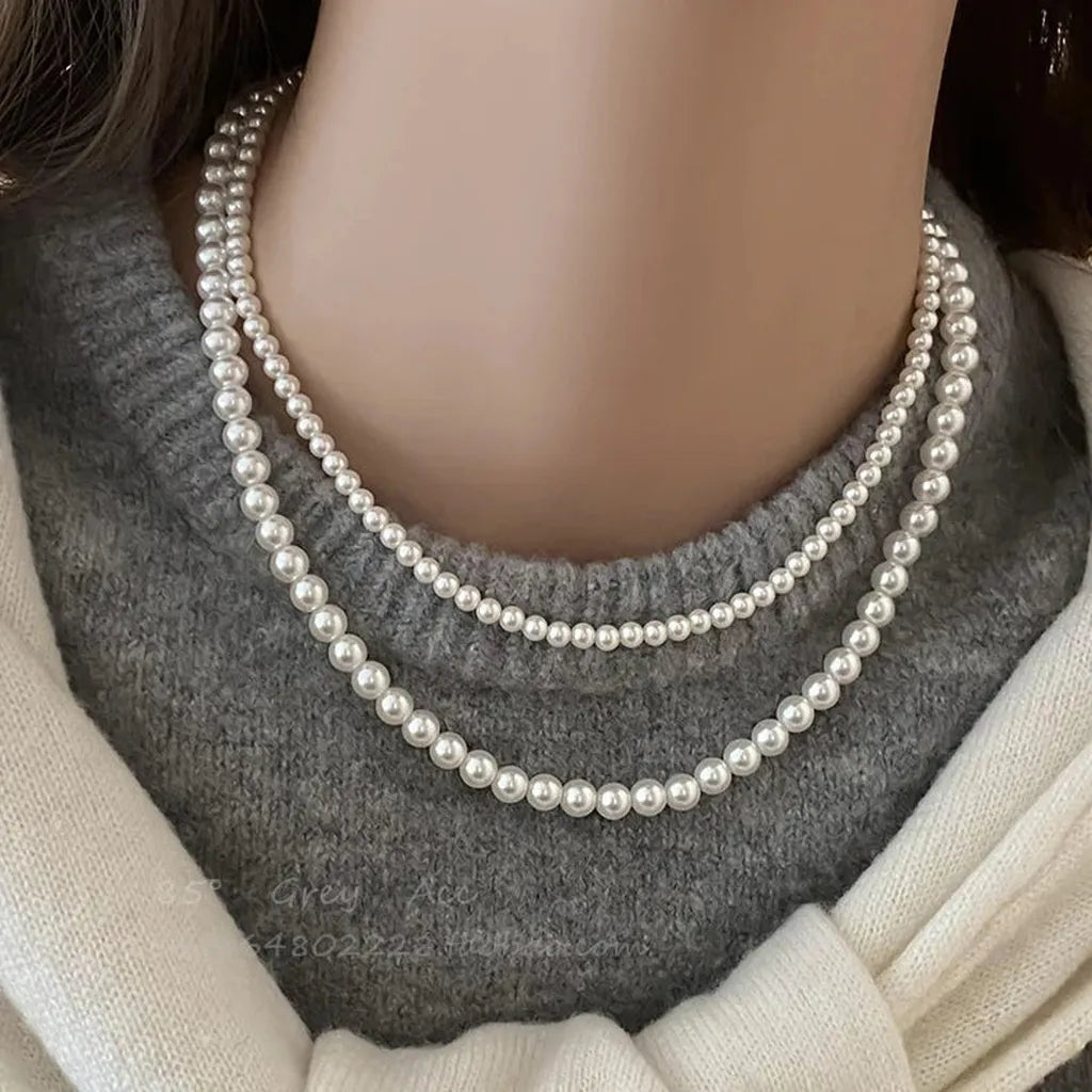 Classy White Imitation Pearl Round Beaded Chain Necklace-My Store-ReesJewels