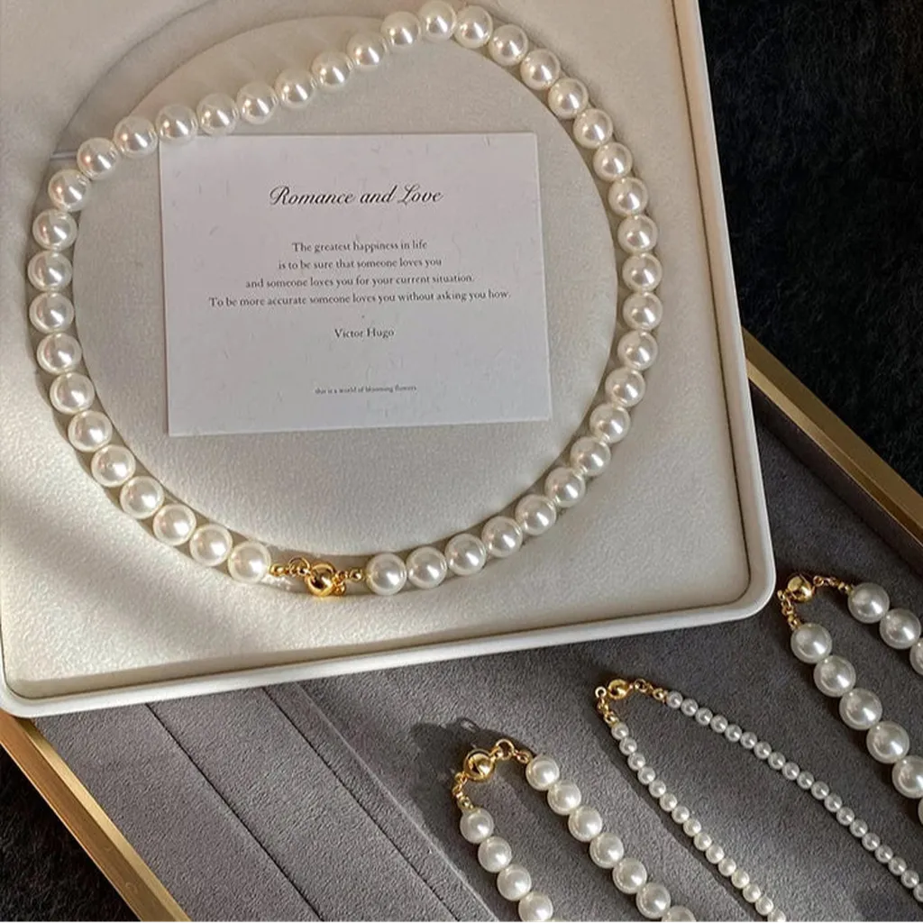 Classy White Imitation Pearl Round Beaded Chain Necklace