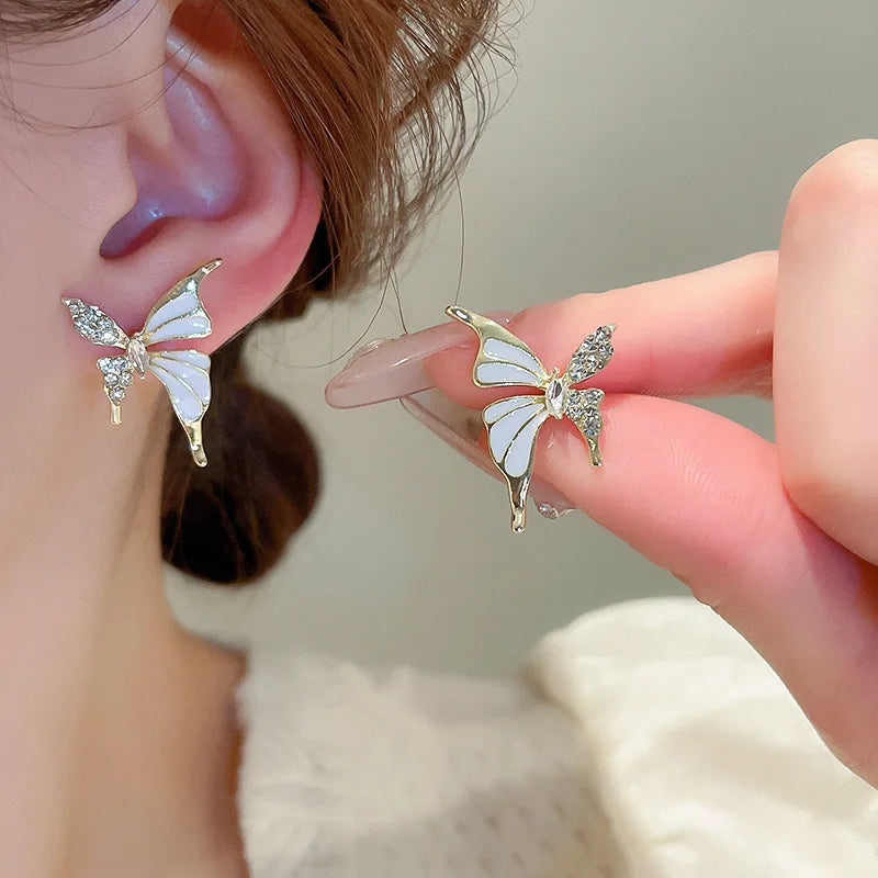 Cute White Enamel And Crystal Wings Golden Butterfly Earrings