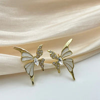 Cute White Enamel And Crystal Wings Golden Butterfly Earrings-Rees Jewels-ReesJewels