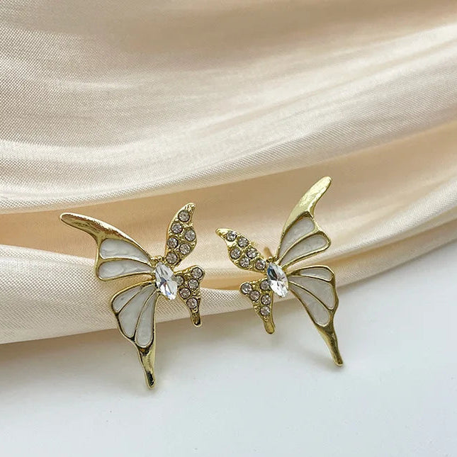 Cute White Enamel And Crystal Wings Golden Butterfly Earrings-Rees Jewels-ReesJewels
