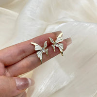 Cute White Enamel And Crystal Wings Golden Butterfly Earrings-Rees Jewels-ReesJewels