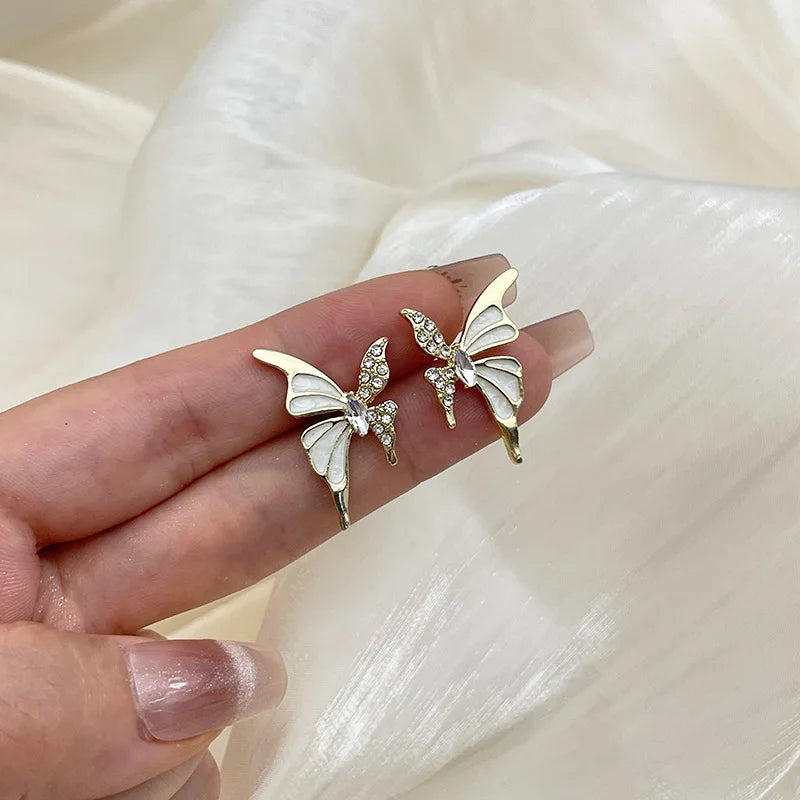 Cute White Enamel And Crystal Wings Golden Butterfly Earrings-Rees Jewels-ReesJewels