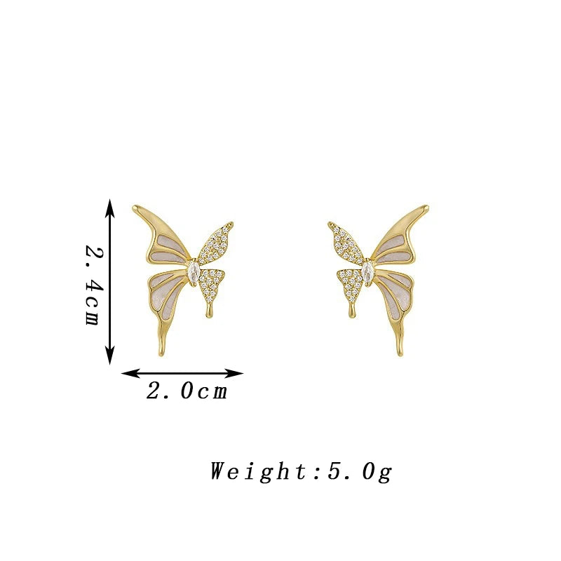 Cute White Enamel And Crystal Wings Golden Butterfly Earrings-Rees Jewels-ReesJewels